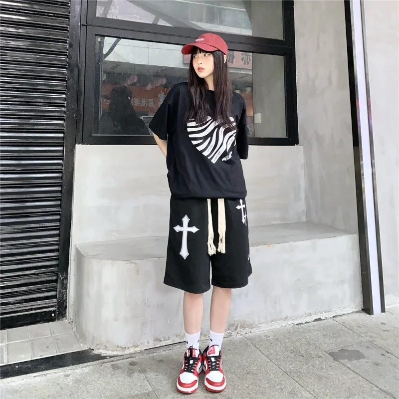 Hip Hop High Street Large Drawstring Cross Casual Capris Women\'s Shorts Summer Loose Ins High Waist Sports Wide Leg Pants