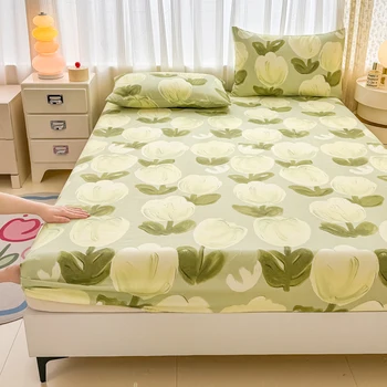 1PC Green Tulip Fitted Sheet, Floral Print Elastic Deep Pocket Bed Sheet, Fresh Bedding for Bedroom Decor