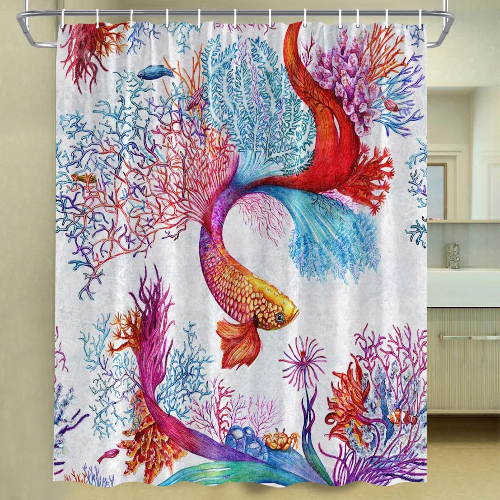 Abstract Fish Shower Curtain Japanese Art Bright-Coloured Koi Sea Wave Red  sun Bathroom Decor Set Fabric Hooks Bath Curtains - AliExpress
