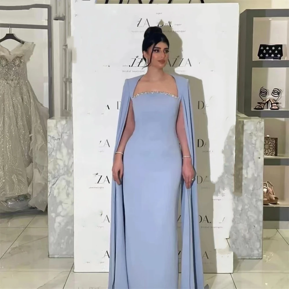 

2023 Square Collar Evening Dresses Dubai Saudi Arabic Women Beads Long Cape Sleeves Prom Gown Mermaid Elegant Party Dresses