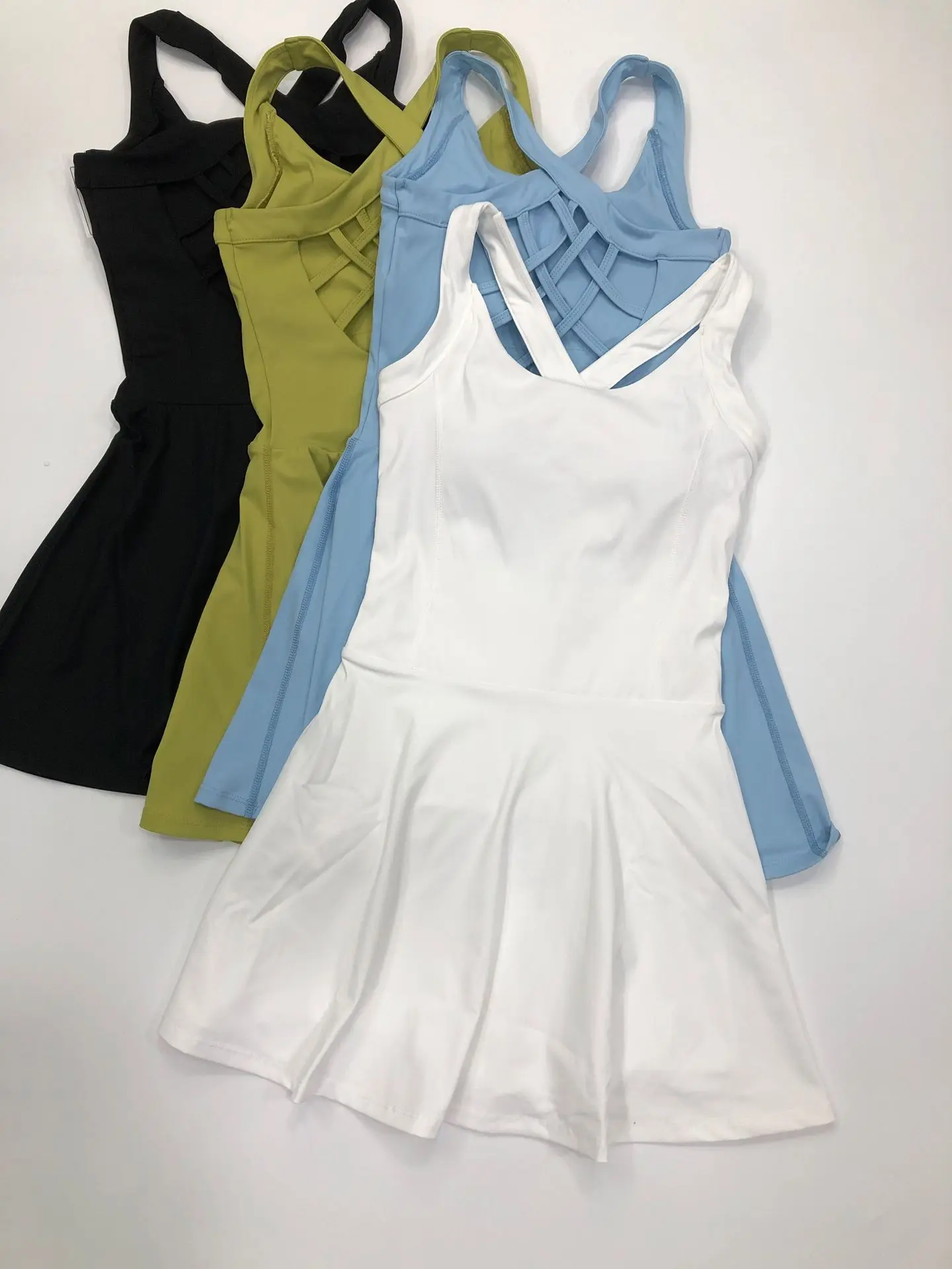 Women Tennis Dress One-Pieces Slim Fit Soft Sports Sets Golf Badminton Skorts Back Cross Tracksuits With Chest Pads Yoga Suits