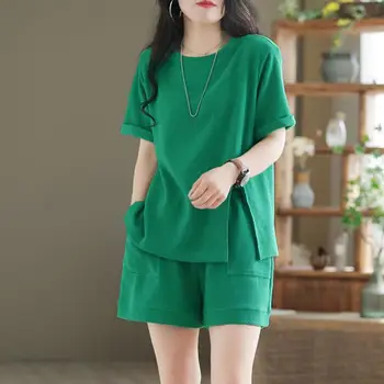 Fashion Sports Shorts Lint Free Dress-up Non-Fading Women Loose Shirt with Shorts Two-piece Suit Short Sleeve Wide Leg 1