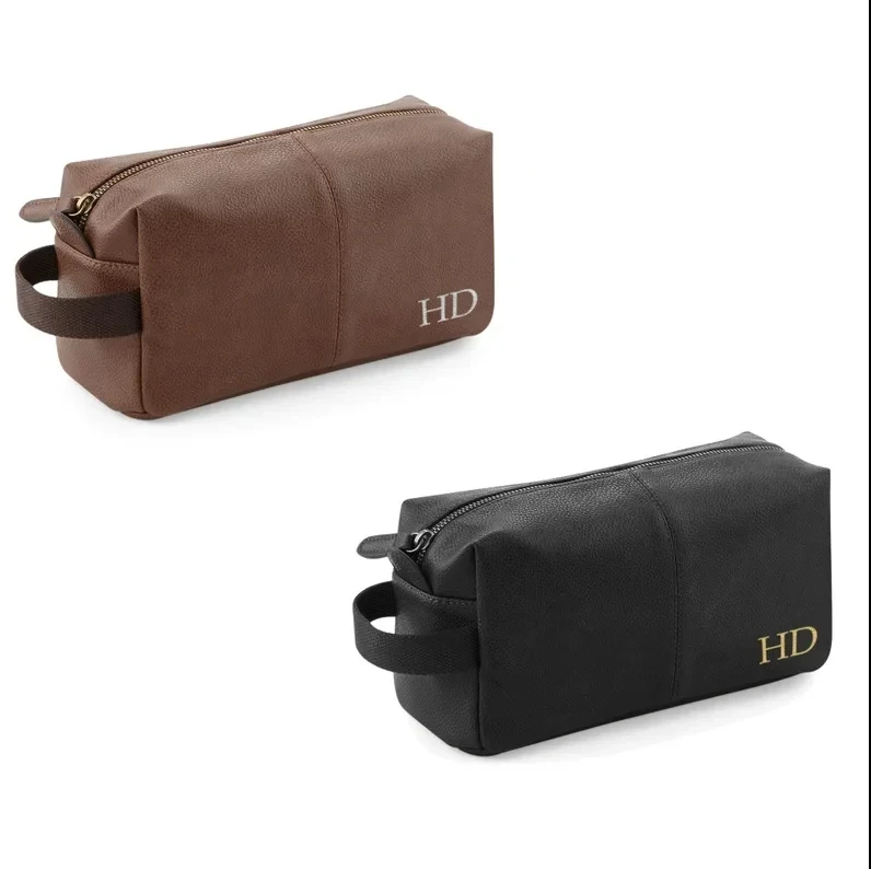 Toiletry Wash Bag Personalised With Gold Monogram Lnitials Black Leather Look For Him Groomsmen Mens Dad Bestman Father Gift 6