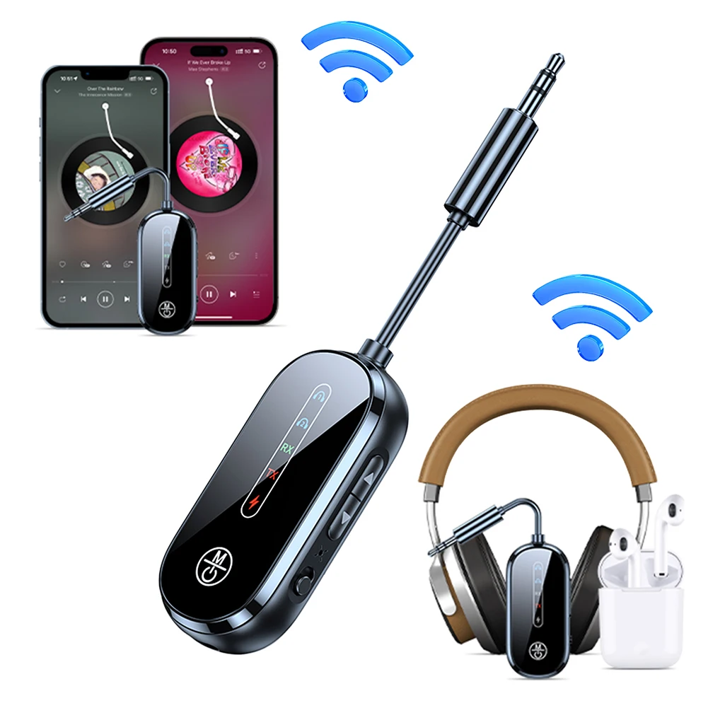 2 In 1 Bluetooth 5.4 Audio Transmitter Receiver 3.5mm AUX Jack Airplane Wireless Adapter Mic for TV PC Headphone Car Aircraft