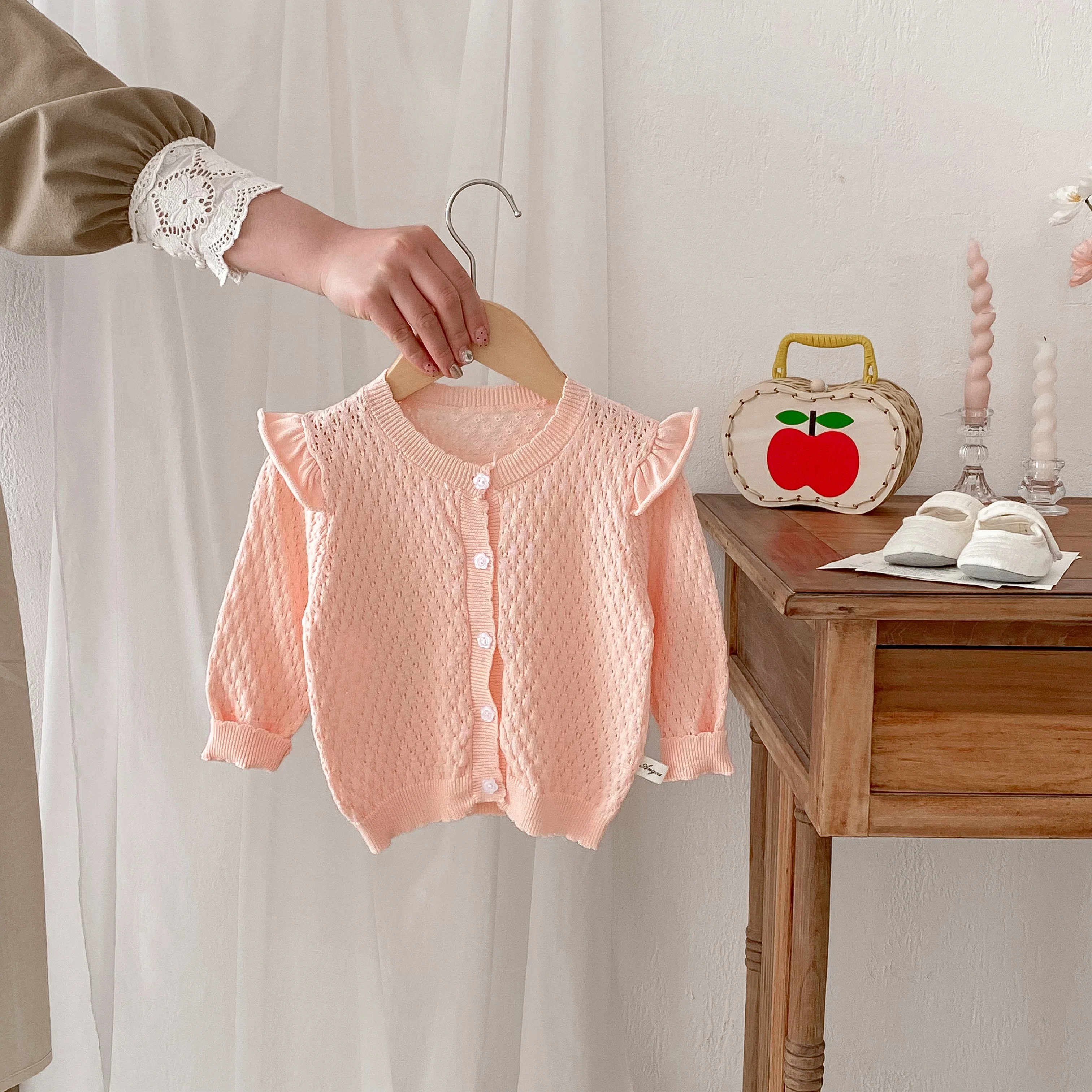 여아용 한국식 니트 자외선 차단 에어컨 셔츠, 통기성이 좋고 레이스 트림 아우터웨어로 패셔너블한 디자인