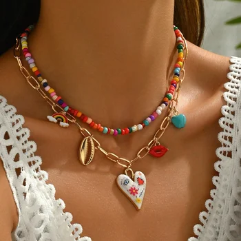 Bohemian Multilayer Handmade Beads Chain Fashion Necklaces Tassels Colorful Love Oil Drop Pendant Pendant Jewelry For Women Acce 1
