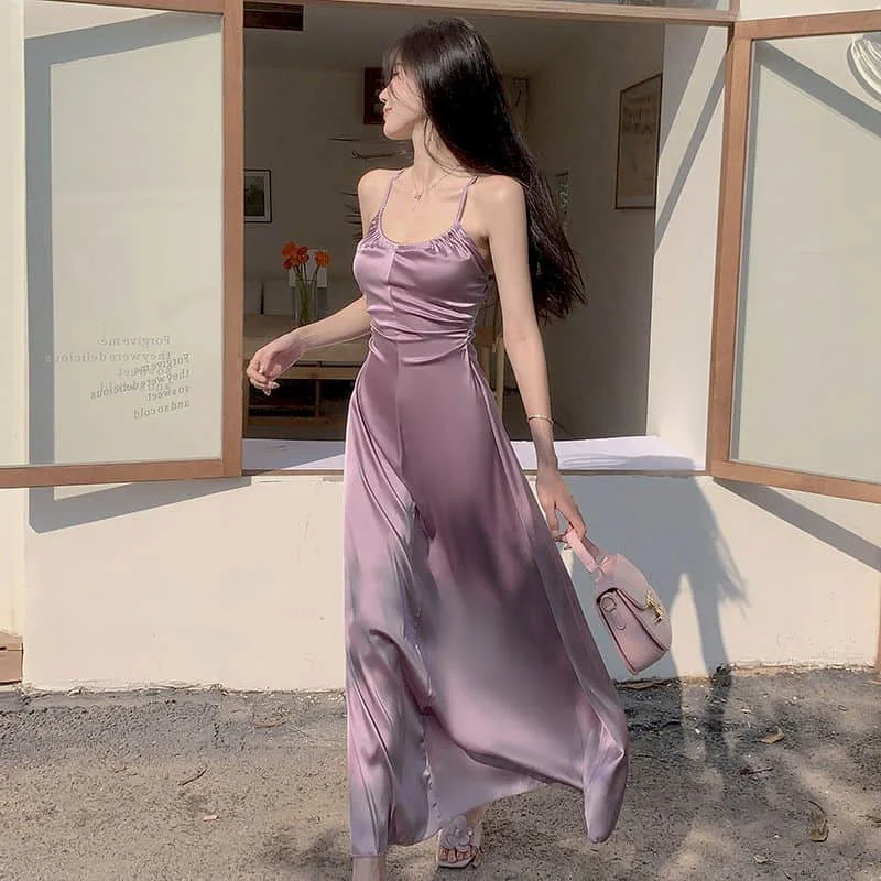 Solid Women Dress A-line Sleeveless Square Collar Slip Dress Korean ...