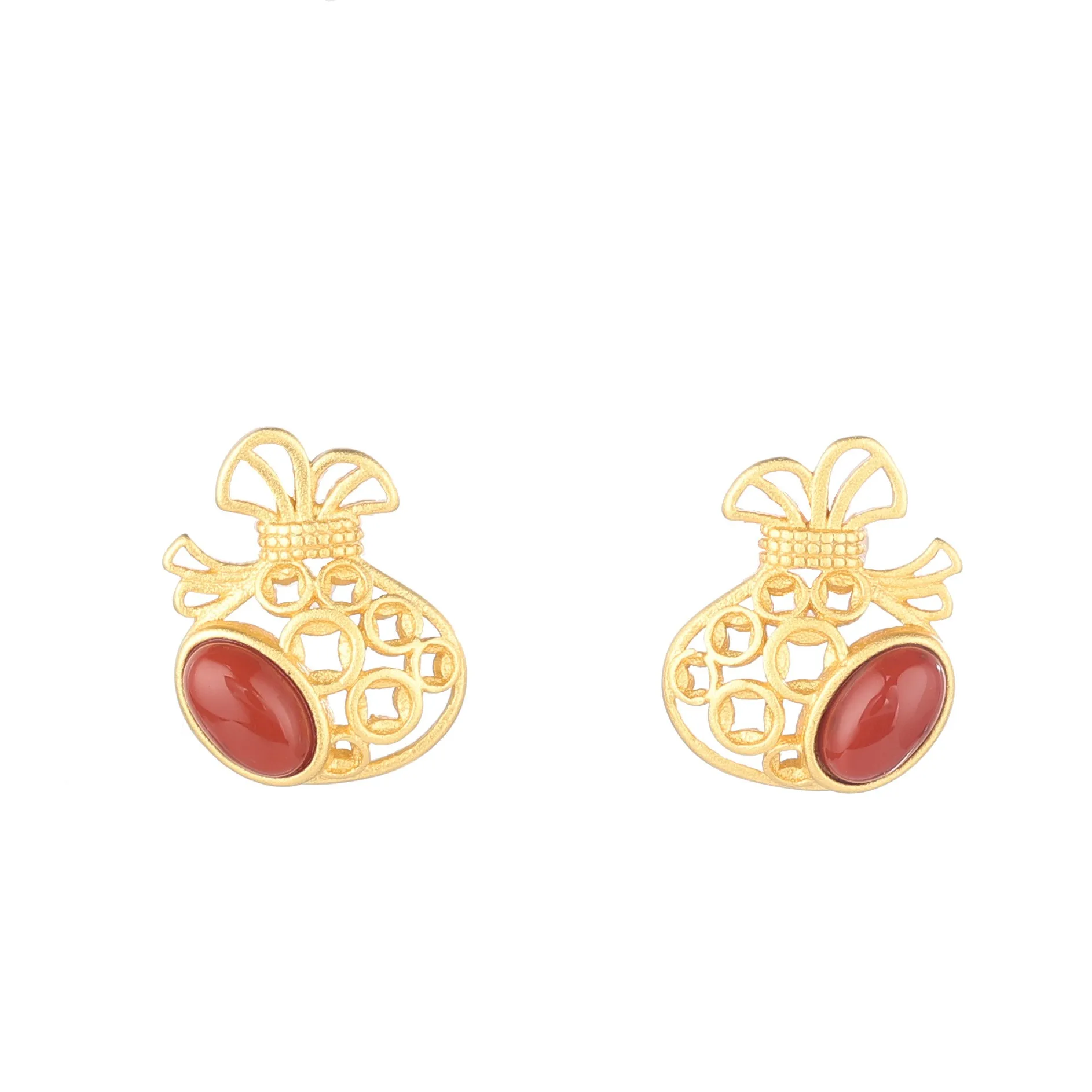 

ES315 ZFSILVER 925 Silver Korean Fashion Luxury Hetian Jade South Red Agate Lucky Money Bag Earring Jewelry Women Match-all Girl