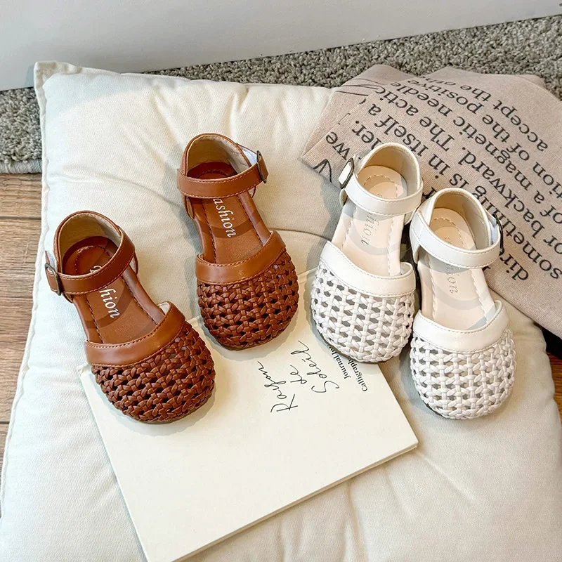 Children's Sandals Summer New Girls' Solid Color Woven Hollow Sandals Soft Bottom Anti Slip Baby Kid's Causal Beach Shoes