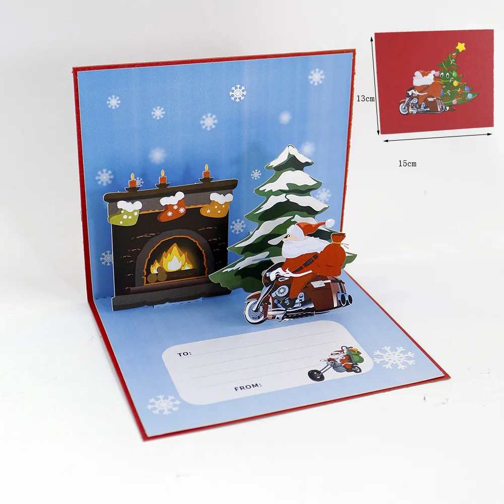 New 1pc Christmas Blessings Fireworks Music Lights Father Christmas Fireplace 3D Greeting Card Paper Sculpture New Year Card