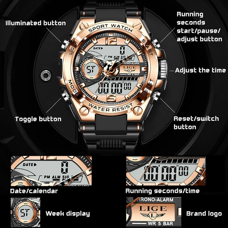 Top Brand LIGE Men Military Watch 50m Waterproof Water LED Alarm Sports Clocks Casual Wristwatch For Men Male Relogios Masculino