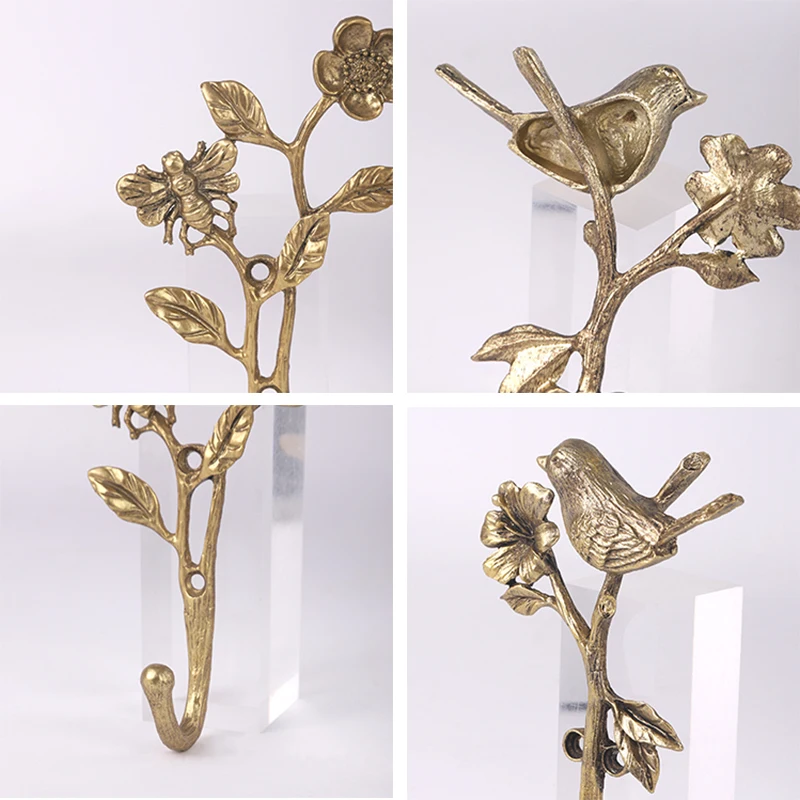 Metal Gold Single Hook With Bird Flower Leaf Alloy Wall Hanger Home Decoration