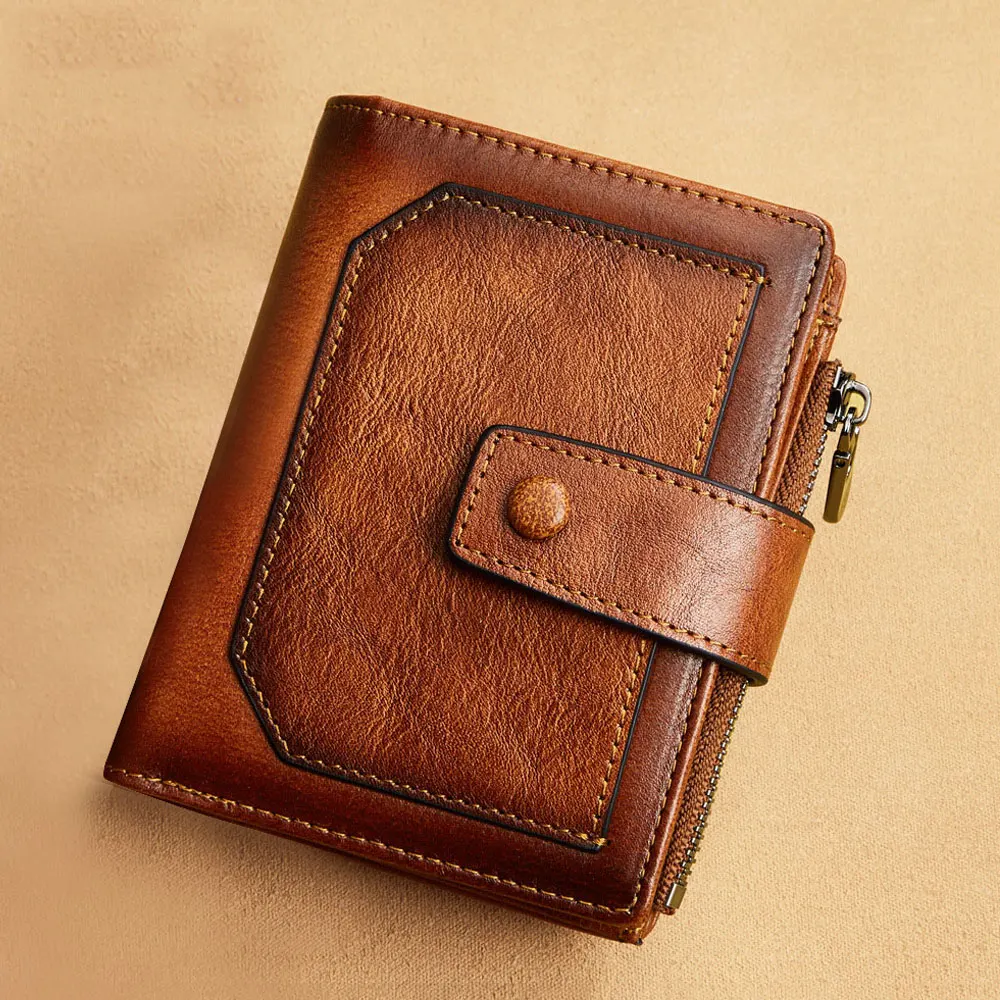 Vintage Men Genuine Leather Wallet RFID Blocking Trifold Short Multi Function Money clip Large Capacity Zipper Coin Purse