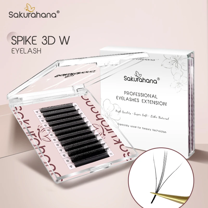 Sakurahana Spike 3D W-Form, vorgefertigte Volumenfächer, Wimpernklee, Blüte, natürliche, weiche, falsche Wimpern, flauschiges Volumen, Fächerzubehör