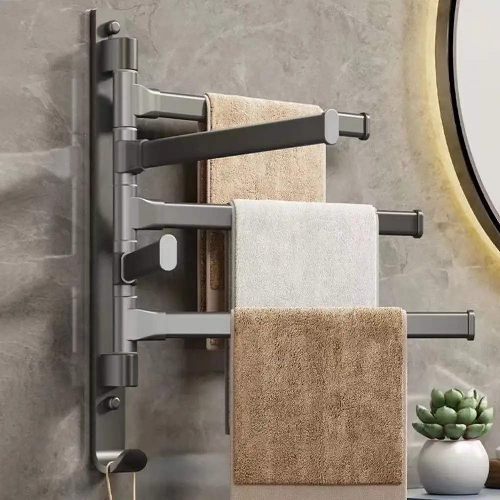 Bathroom Towel Rack Rotatable Foldable Towel Stand 4-Bar Holder Wall Mounted Kitchen Shelf Paper Hanging Storage Rack