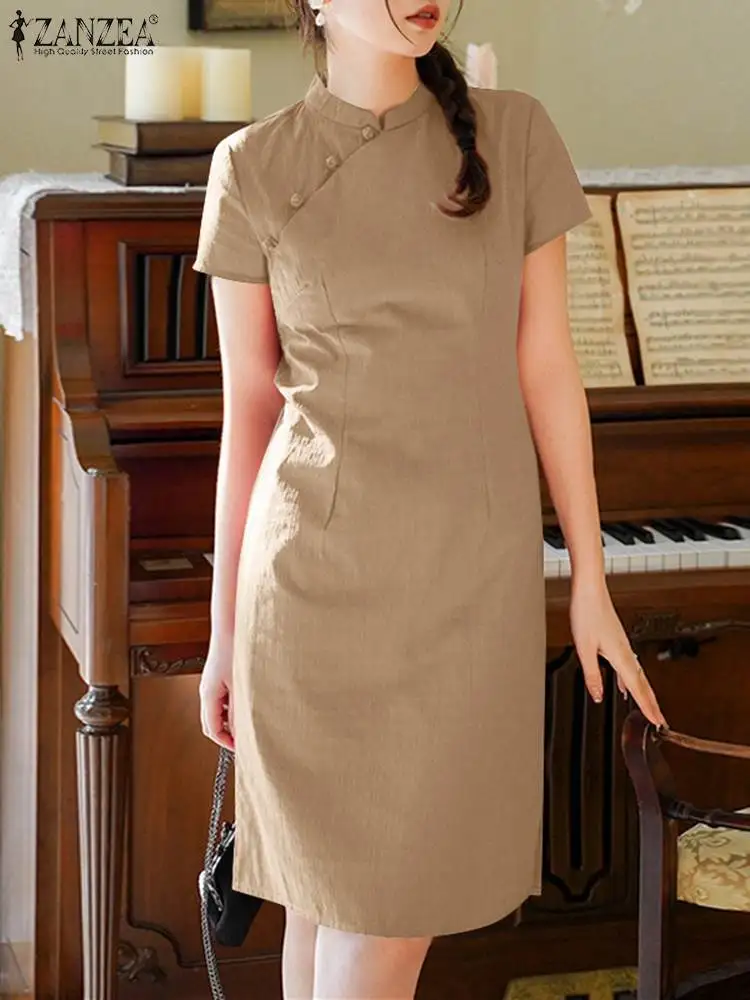 

Элегантное женское платье ZANZEA с круглым вырезом, женское летнее платье, повседневное однотонное платье, модное облегающее платье
