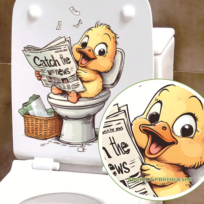Funny Little Yellow Duck Reading Newspaper Toilet Sticker Seat Cover Self-adhesive Toilet Tank Bathroom Stickers