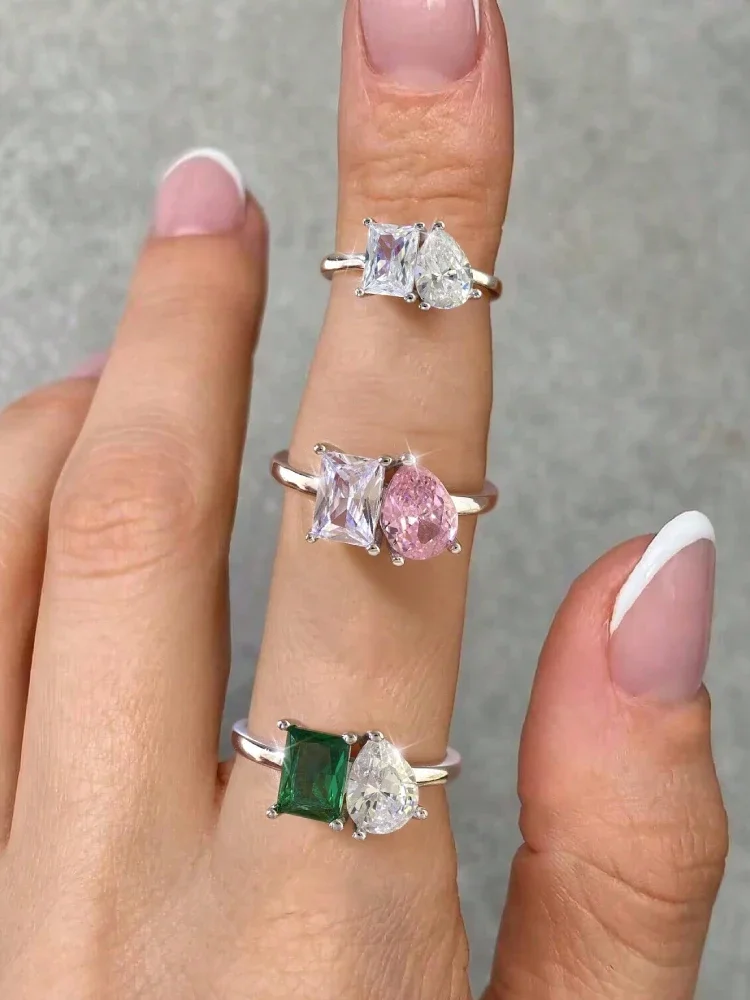 Ring aus 925er-Sterlingsilber, Wassertropfen, quadratisch, funkelnder Zirkon, für Damen, Verlobung, Hochzeit, Luxus-Mode, hochwertiger edler Schmuck – Detail 1