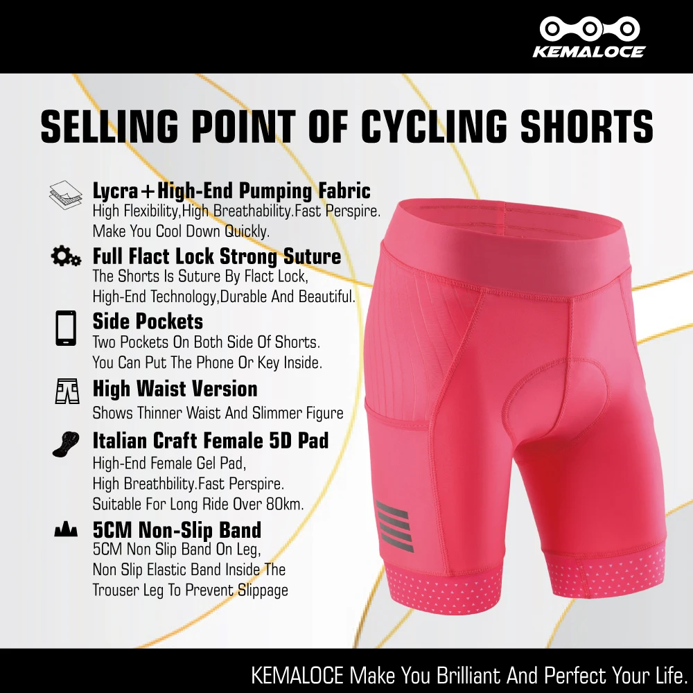 KEMALOCE Women Cycling Shorts Pink&Black Breathable Summer Bicycle Shorts Female 5D Gel Pad Pocket Lady Bike cycling shorts