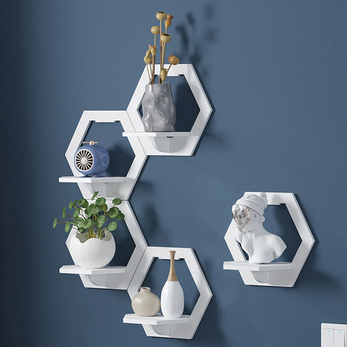 Hexagon Wall Shelf Punch Free Bedside Wall Display Stand Flower Pot Holder Mounted Organizer TV Background Decor 3/6pcs Storage Rack Wall Shelf Organizer Wall Shelf