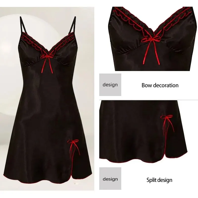 Women Nightgowns Summer Women Suspender Lace Sexy V-Neck Lace Hem Slightly Slit Dress Pajamas