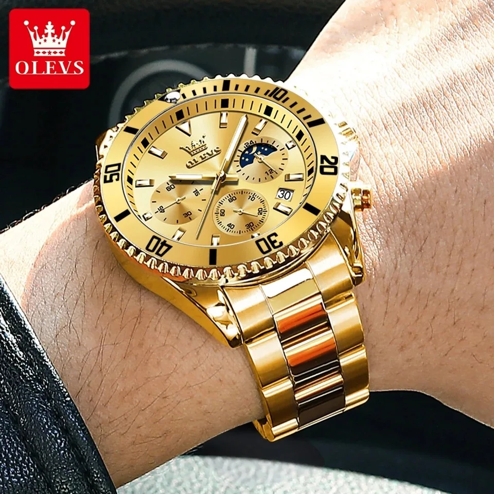 OLEVS Men's Watches Luxury Stainless Steel Waterproof Watches for Men Luminous Big Dial Chronograph Moon Phase Quartz Wristwatch