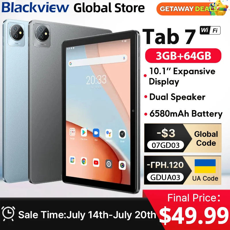 Планшет Blackview Tab 7 WIFI 10,1-дюймовый HD-дисплей с двумя динамиками, Android 12, аккумулятор 6580 мАч