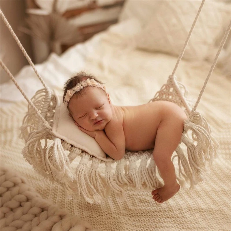 Dvotinst Newborn Photography Props Handmade Knitted Baby Hammock Hanging Bed Boho  Accessories Bebe Studio Shooting Photo Props