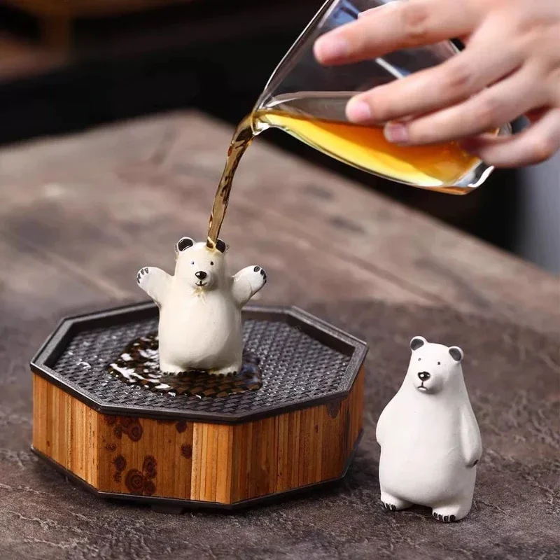 1PCS Little Bear Purple Clay Tea Pet Tea Table Decoration White Section Mud Creative Ceramic Cute Tea Playing Pot Cap