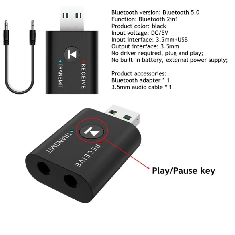 2 IN1 USB 블루투스 어댑터 5.0 무선 블루투스 송신기 수신기 PC TV 노트북 스피커 이어폰 블루투스 동글