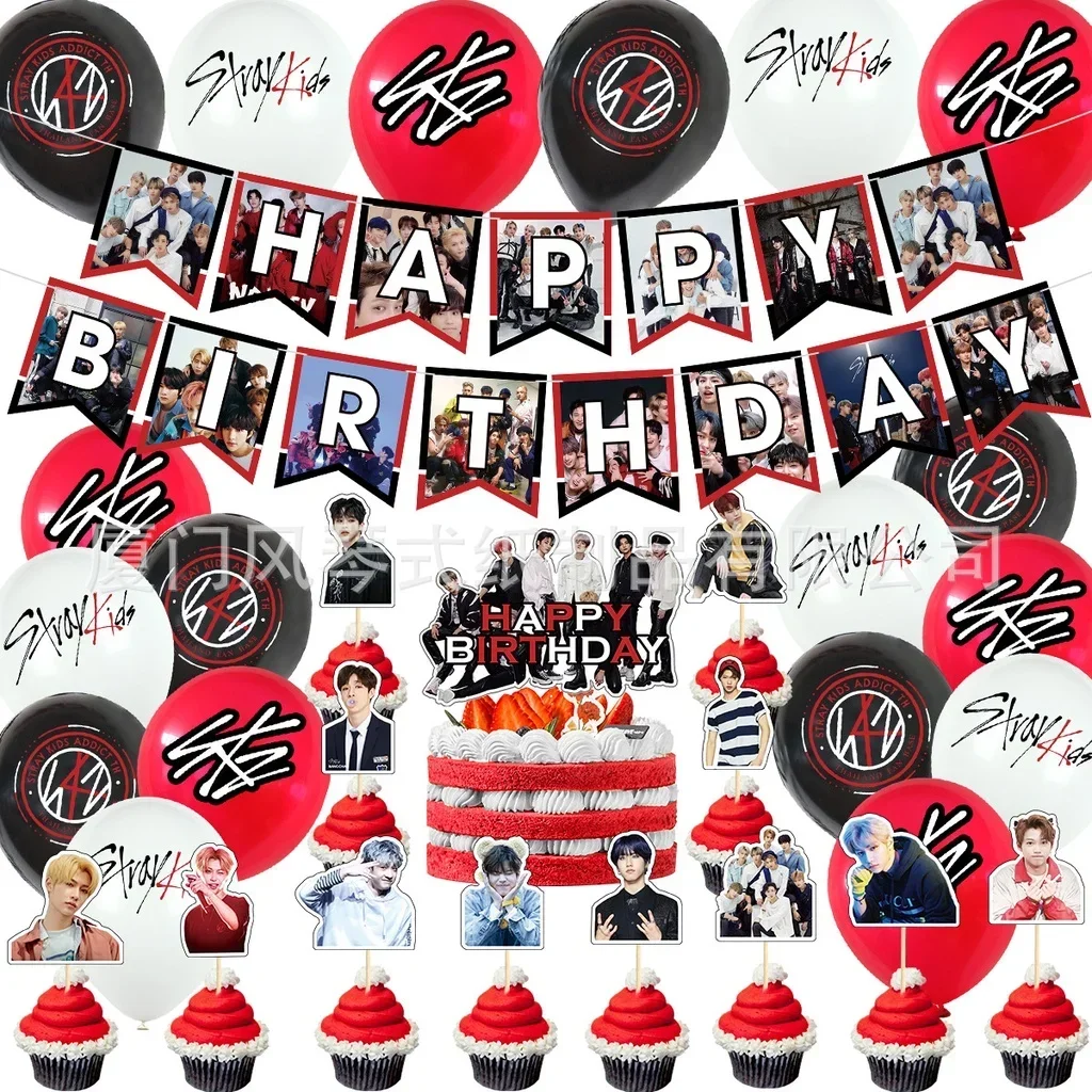 

Kpop Idol Stray Theme Stay Party Pull Flag Cake Insert Balloon Birthday Set Birthday Party Decorations