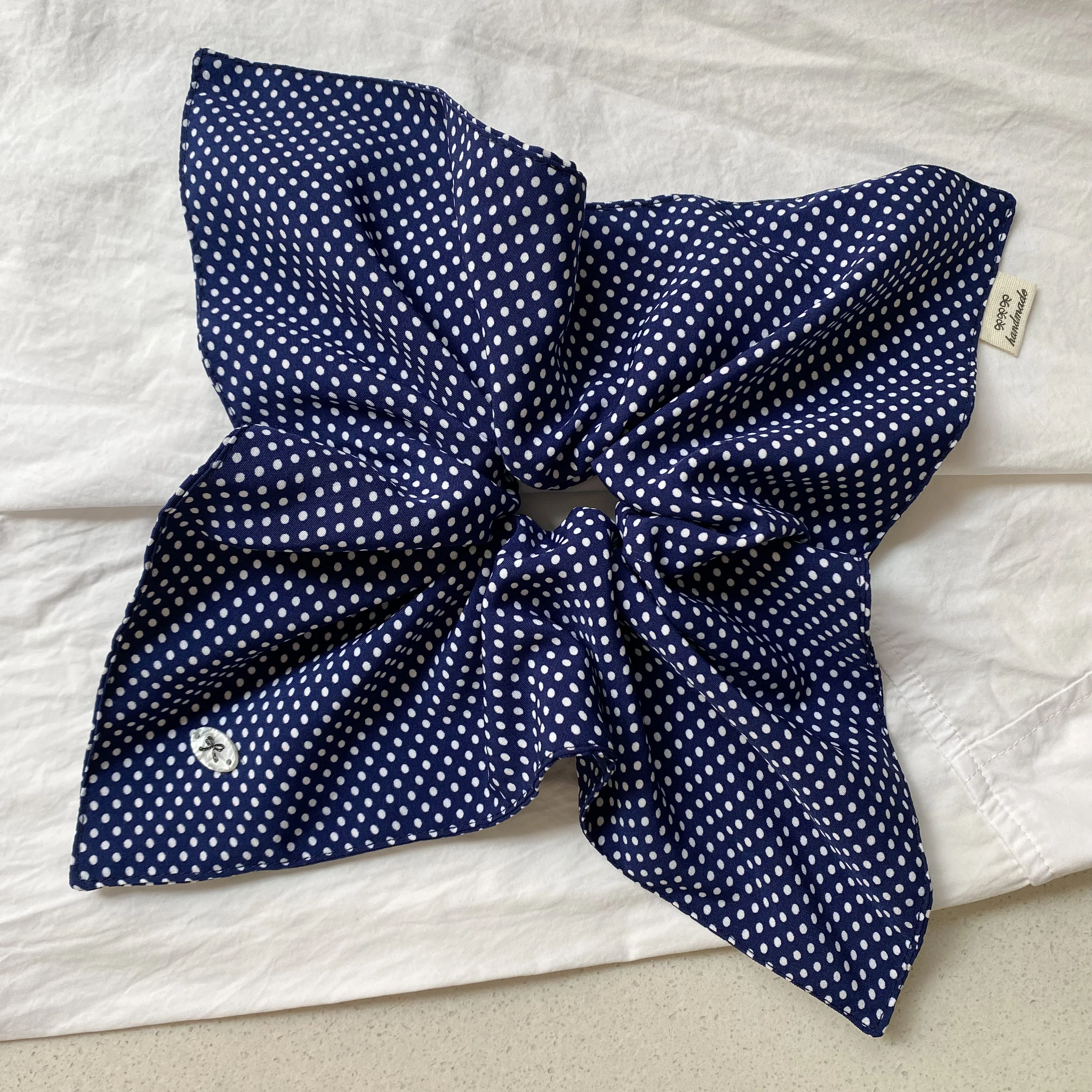 1PC Preppy Style Navy Blue Polka Dot Hair Scrunchie, Large Square Scarf Hair Tie, Cute College-Inspired Hair Accessory For Women