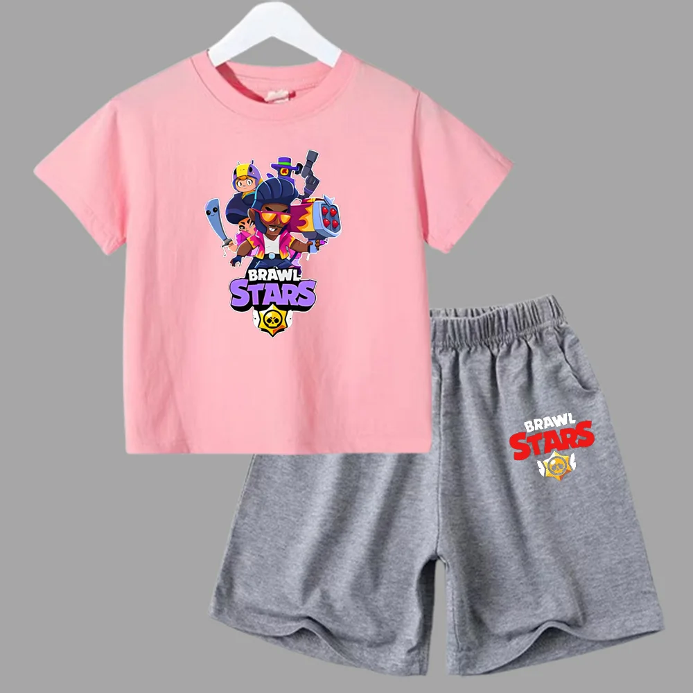 Conjunto de 2 piezas de camiseta de manga corta y pantalones cortos con estampado de anime de verano para niños y niñas, ropa informal de cuello redondo