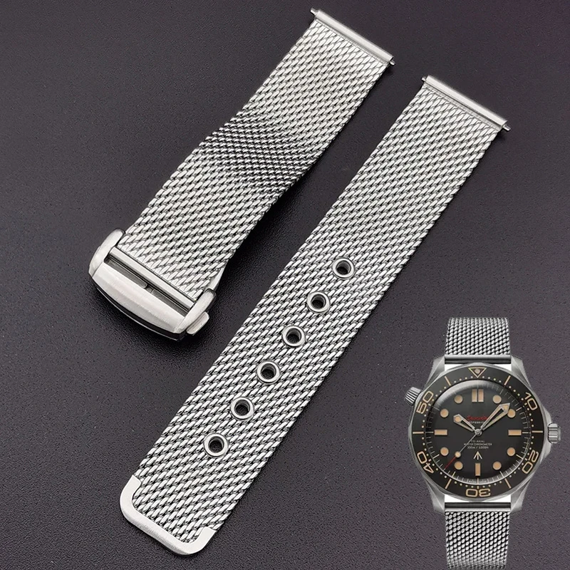 

20mm 22mm solid Stainless Steel Mesh Milanese Watch strap for Omega Seamaster 007 Watchband Quality Metal steel Folding buckle
