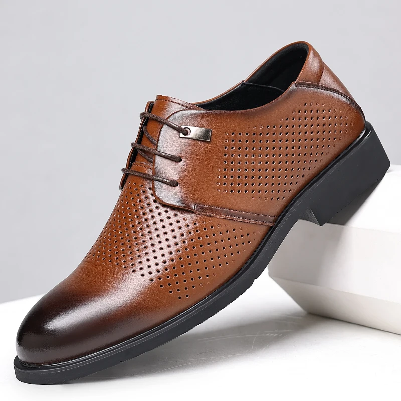 2024 Summer New Breathable Sleeves Perforated Leather Shoes Hollow out Men's Shoes Middle aged Dad Official Casual Business Sand
