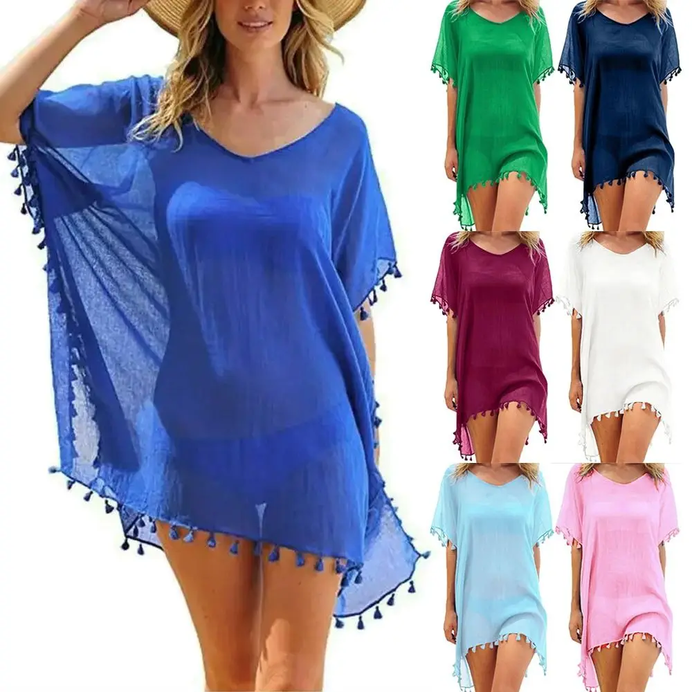 Fashion V Neck Summer Sunscreen Smock Loose Casual Beachwear Shirt Bathing Suit Plus Size Swimsuit Cover Up Dress for Women 2