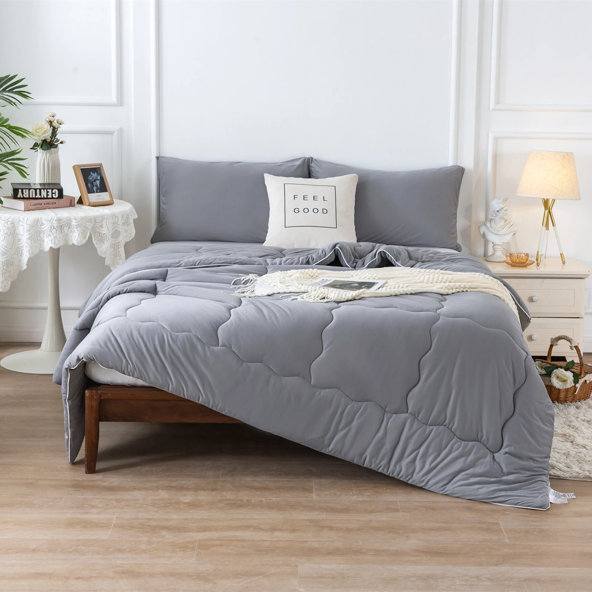 

Двухстороннее сверхмягкое одеяло для кровати, трикотажное хлопковое постельное белье темно-серого цвета с 2 наволочками для всесезонного использования