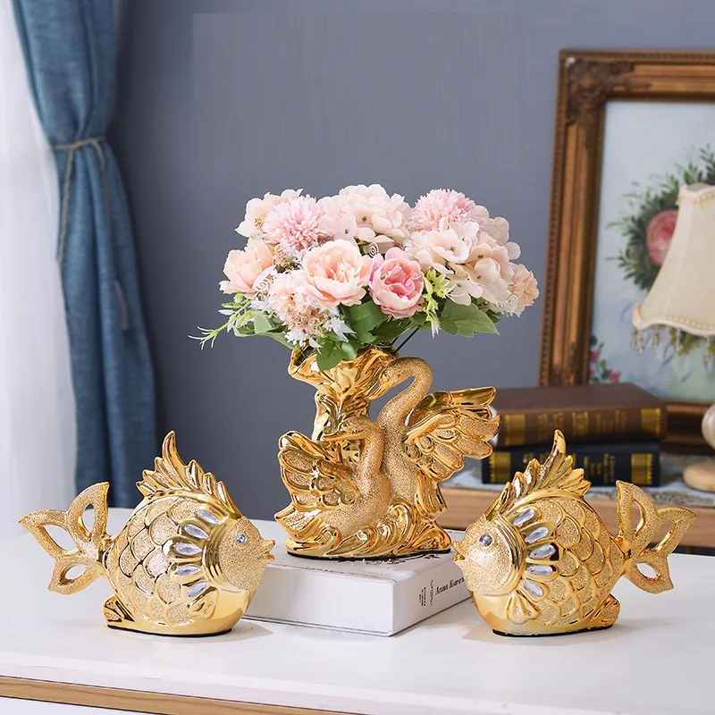 

European golden swan ceramic vase porch wine cabinet TV cabinet decoration living room decorations
