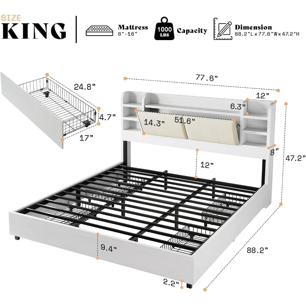 Extra Large Bed Frame with 4 Storage Drawers, Cushioned Bed Frame, 47.2 in Bookshelf Headboard, Charging Station 6