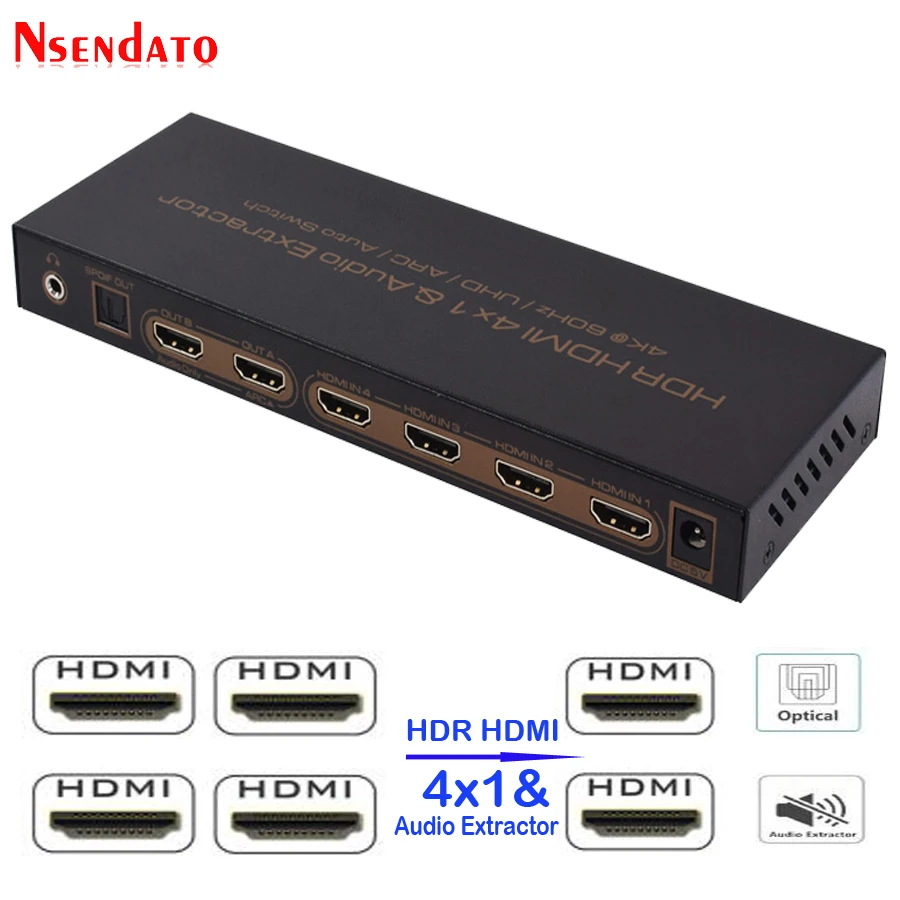 4K 60Hz HDR HDMI Splitter 4X1 Audio Extractor For DTS Dolby ARC SPDIF EDID 4 In 1 Out HDMI Switch Switcher Adapter For PC TV PS4