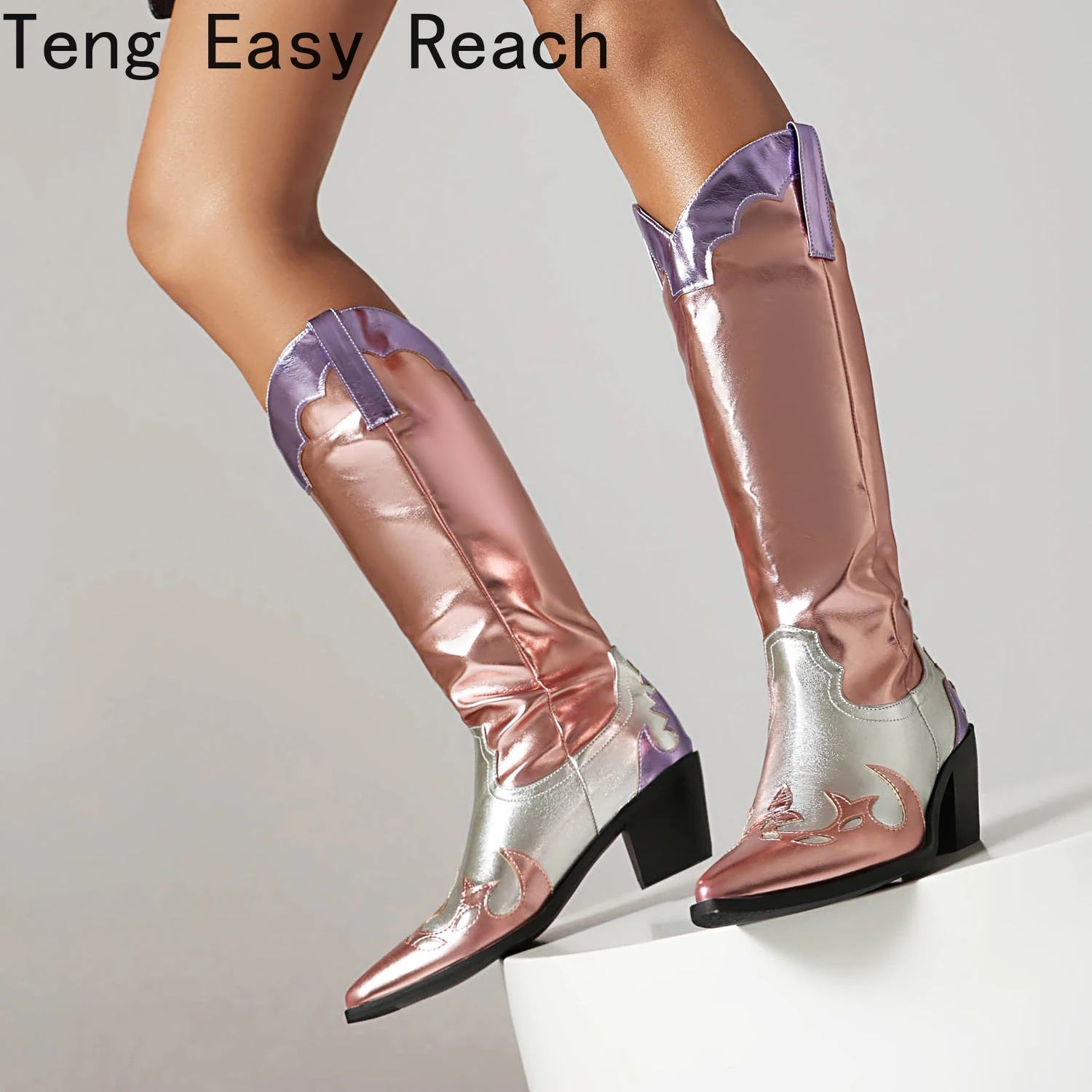 

Plus Size High Gloss Microfiber Material Color Matching Boots Pointed Toe Tapered Thick Heels Breathable Lining Knee High Boots