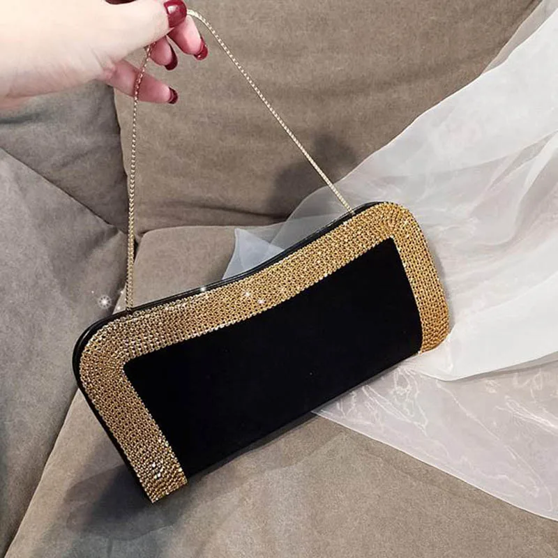 

HIGHFOCAL Luxury Design Beading Purse Clutch Bag Chain Black Gold Handbag Party Velvet Shiny Hobo-bag Square Box Bag