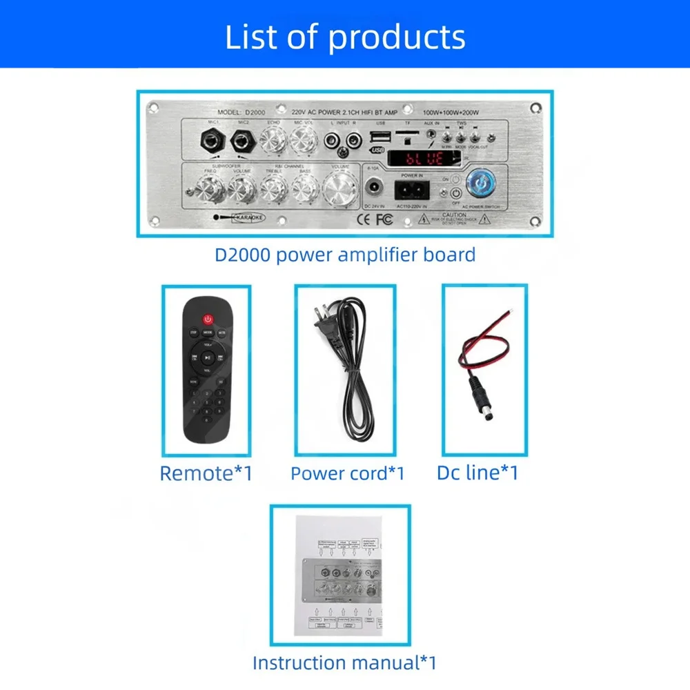 Audio Amplifier Board 100W+100W+200W Support Wireless Microphone Bluetooth5.1 Ch