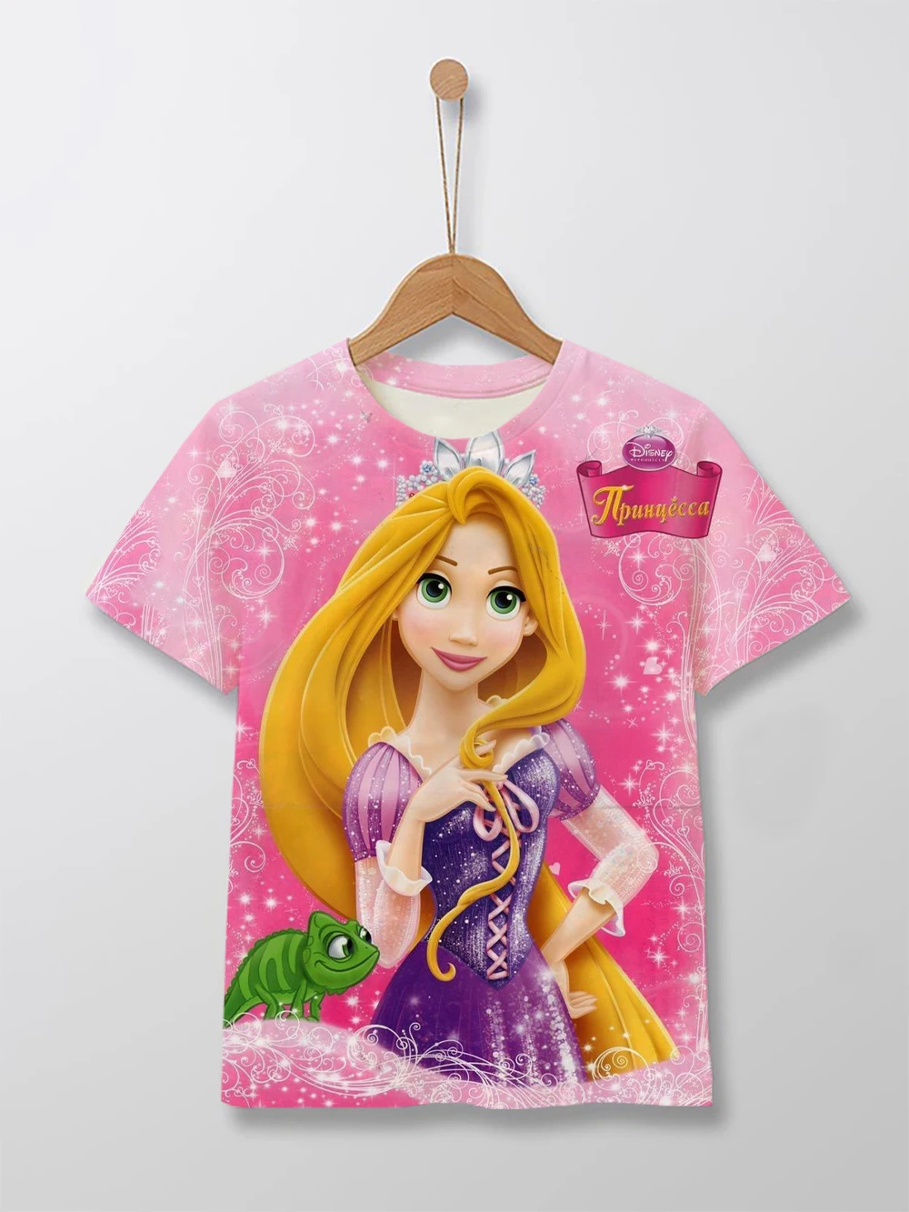 Summer 2023 Disney Enchanted Rapunzel printed round neck short-sleeved T-shirt 1-14 years old street fashion children's T-shirt 2