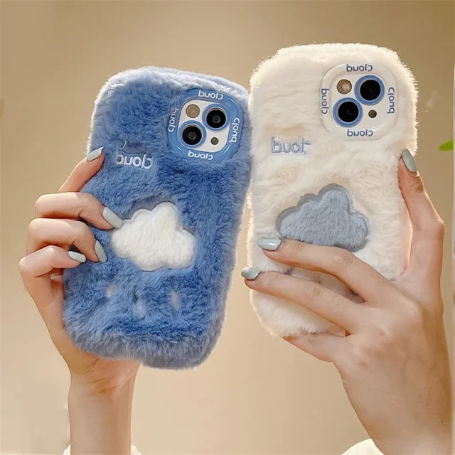 Cloud Embroidery Plush IPhone 11 12 13 14 15ProMax Plus Cute Autumn Winter Apple Case Holder Shell Protective Cover Blue White