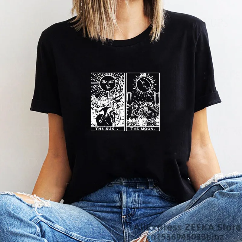 

The soon & The moon T-shirt fashion vintage women's dark pattern printing loose Street style punk top Gothic Harajuku T-shirt