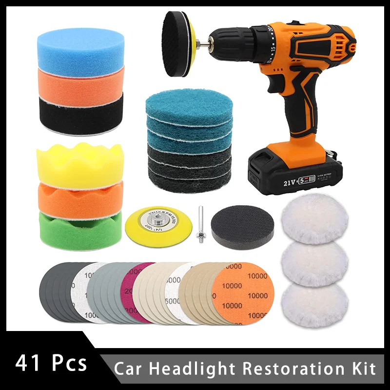  41PCS Car Headlight Restoration Kit 3 Inch Car Polishing Sanding Discs with 1/4 Inch Shank Backing Pad Scouring Pads 