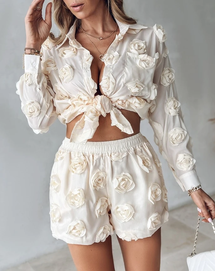 Two Piece Set Women Outfit 2024 Spring Fashion Rose Detail Buttoned Turn-Down Collar Shirt Top & Pocket Design Daily Shorts Set