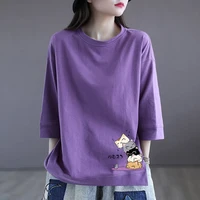 Casual Cotton T-irt Women's Summer Loose Fit Slimming Casual Top Faionable Seven-Quarter Sve round Ne Print Tee