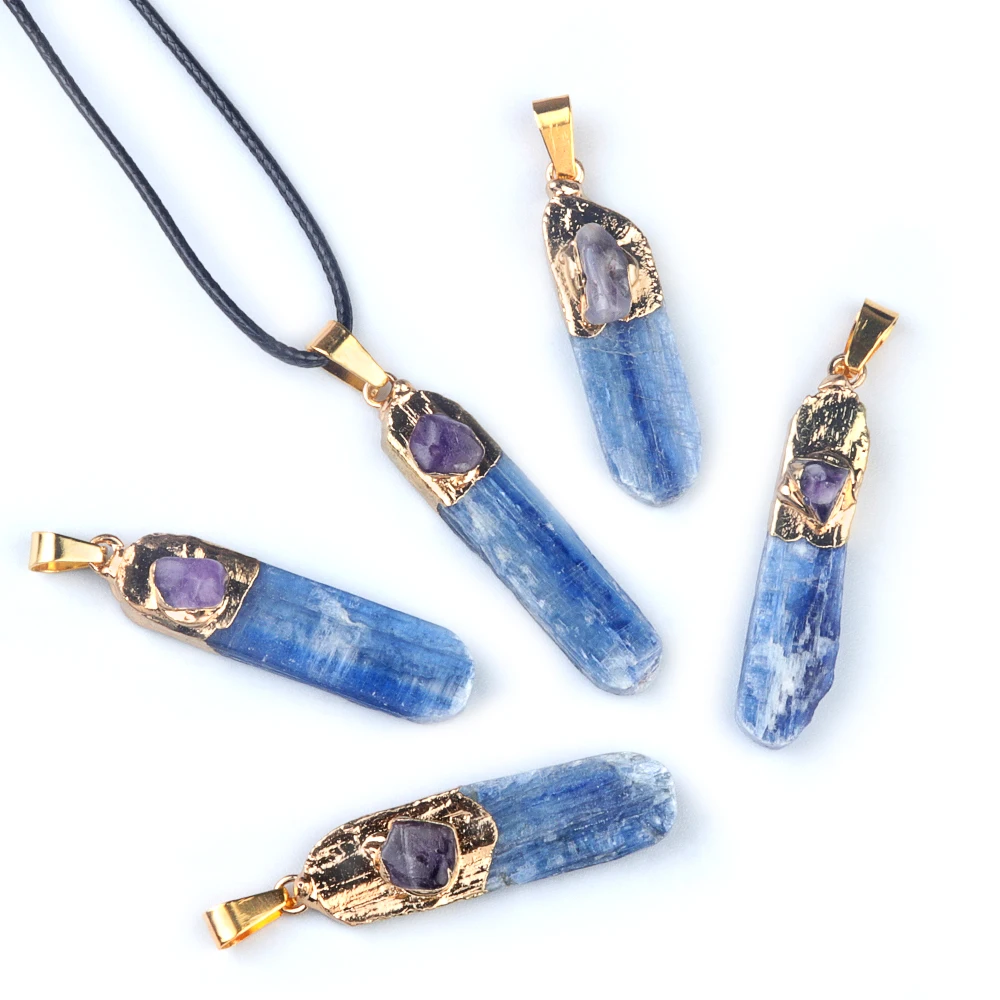 1pc Natural Rough Blue Kyanite Stone Long Pendants Gold Plated Raw Charms For Jewelry Making Necklace Accessories
